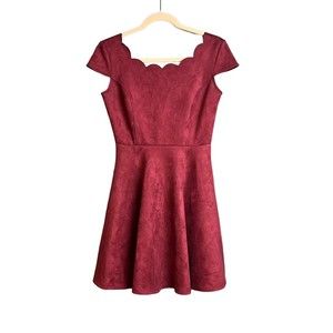 Lulus Wine Color Faux Suede Fit And Flare Dress Scalloped Neckline Size Medium